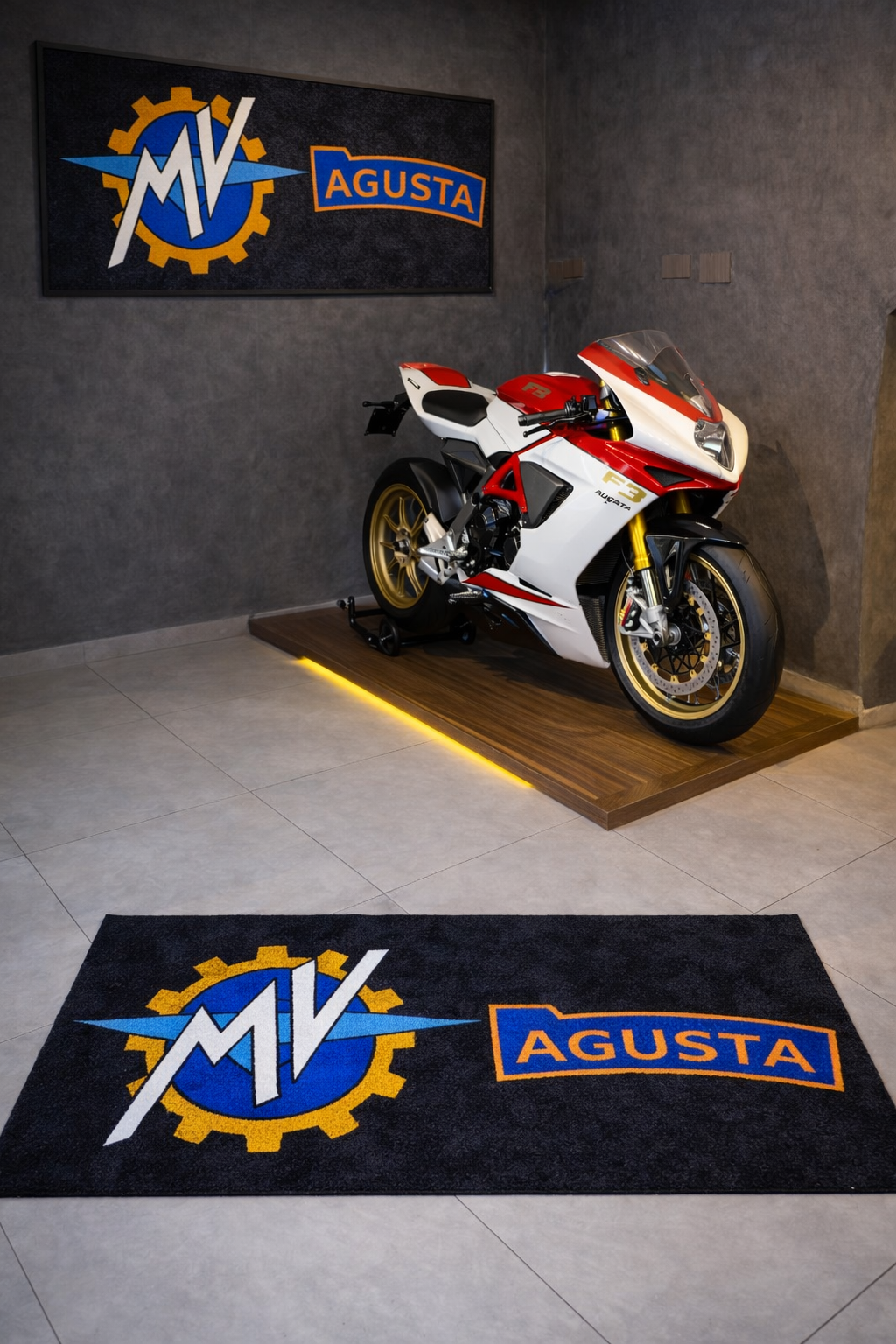 MV AGUSTA Motorcycle Garage Floor Mat 32x87 Inches Premium Showroom Rug