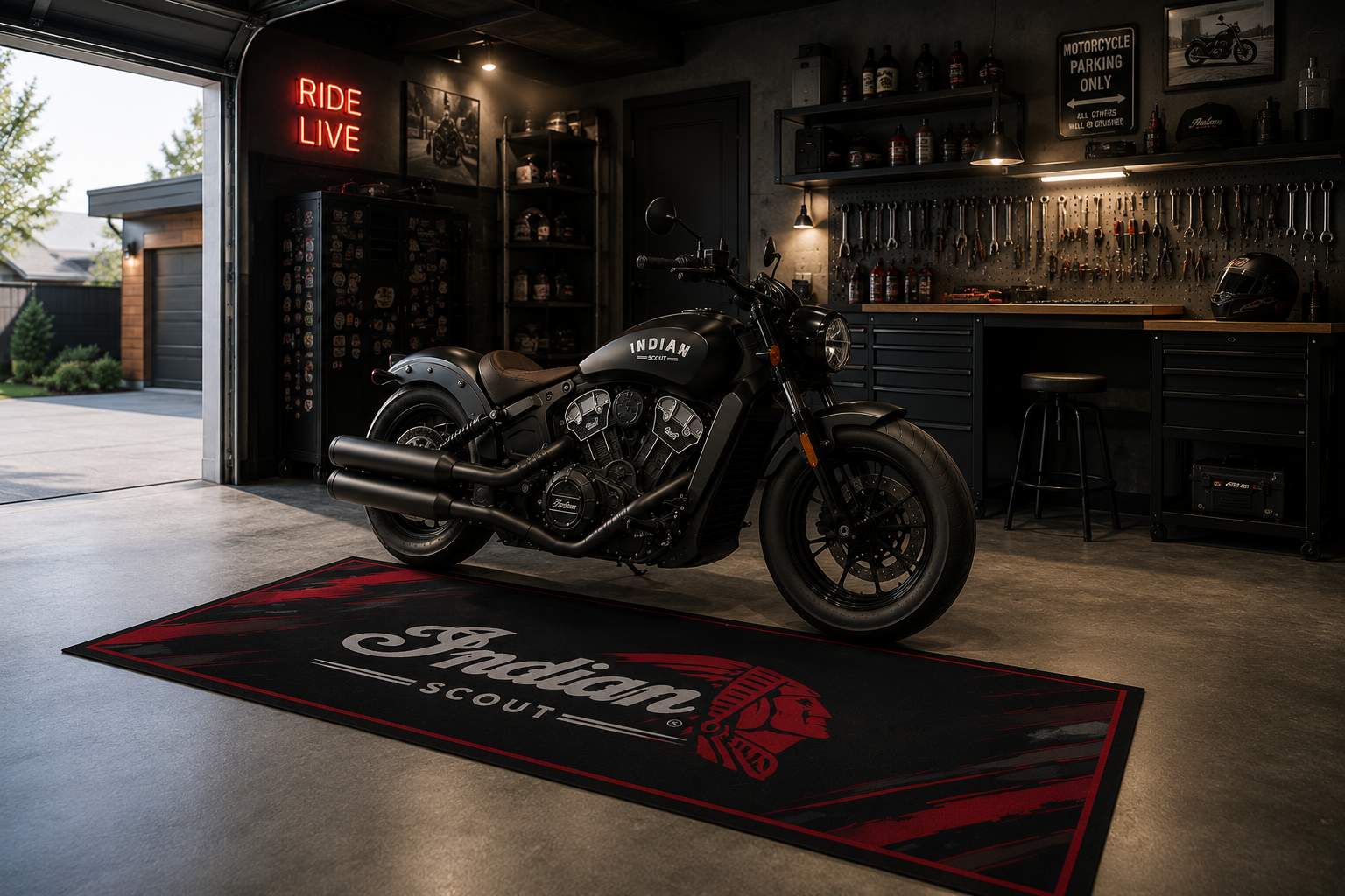 Indian Scout Motorcycle Garage Mat – Premium 32x87 Inch Parking Floor Mat