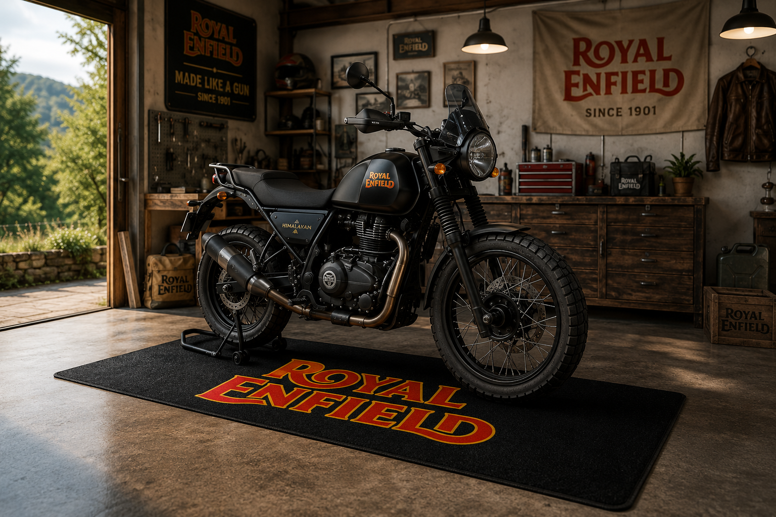 Royal Enfield Motorcycle Garage Mat – Premium 32x87 Inch Parking Floor Mat
