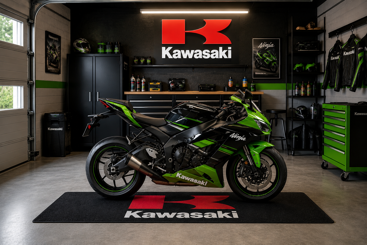 Kawasaki Motorcycle Garage Mat – Premium 32x87 Inch Parking Floor Mat