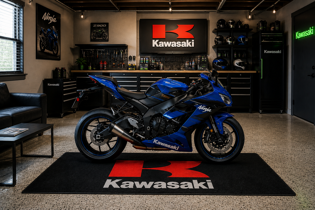 Kawasaki Motorcycle Garage Mat – Premium 32x87 Inch Parking Floor Mat