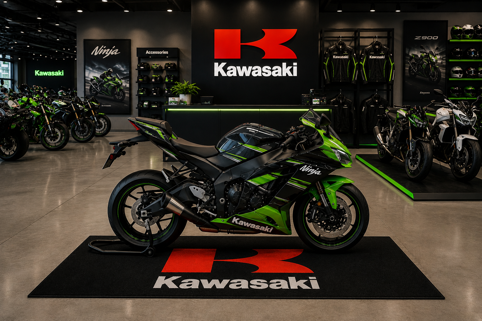 Kawasaki Motorcycle Garage Mat – Premium 32x87 Inch Parking Floor Mat