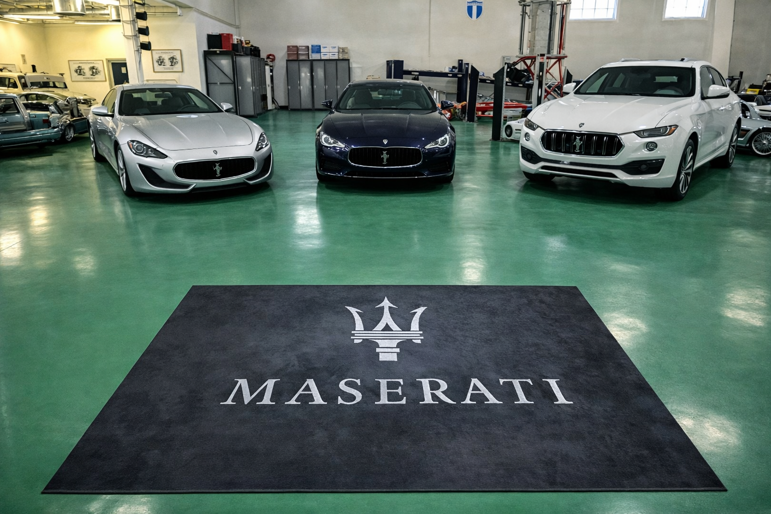 Maserati Garage Mat – Non-Slip Premium Rug for Home & Car Display (59×86”)