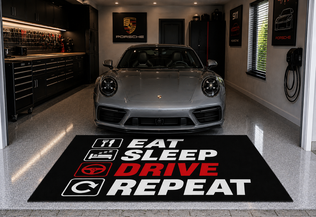 EAT / SLEEP / DRIVE Garage Floor Mat 5x7 FT (60x87 Inches) Showroom Rug