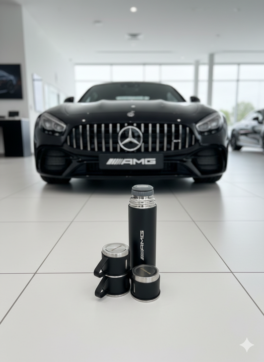 AMG Laser Logo Thermos Set 500 ml – Insulated Flask with 3 Cups