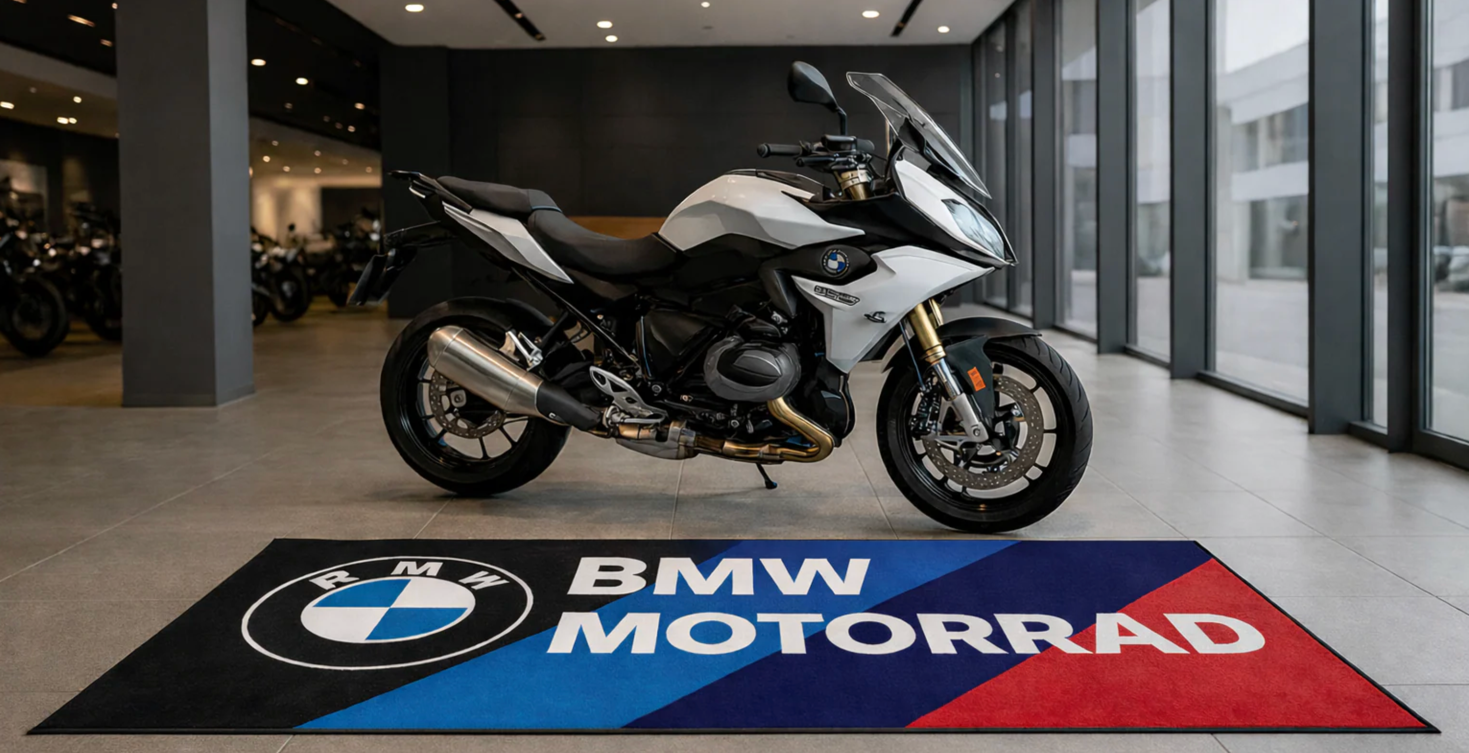 BMW M Premium Motorcycle Garage Floor Mat – Non-Slip Carpet Rug for Bike Display (32×87 Inch)