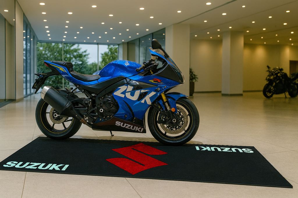 Suzuki Premium Motorcycle Garage Floor Mat – Non-Slip Carpet Rug for Bike Display (32×87 Inch)