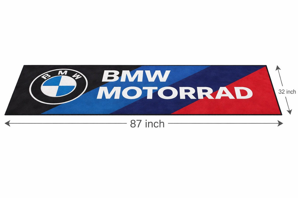 BMW M Premium Motorcycle Garage Floor Mat – Non-Slip Carpet Rug for Bike Display (32×87 Inch)