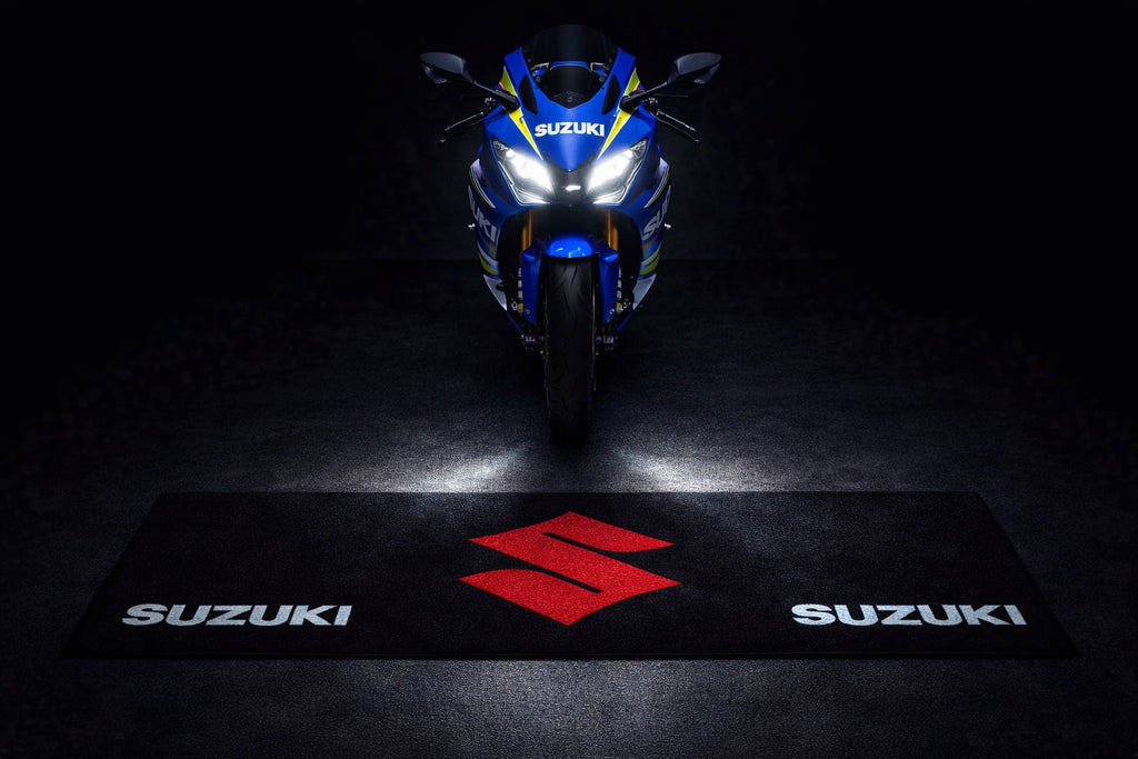 Suzuki Premium Motorcycle Garage Floor Mat – Non-Slip Carpet Rug for Bike Display (32×87 Inch)