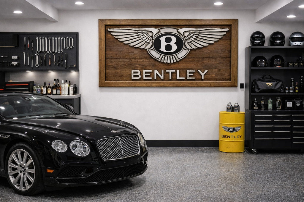 Hand-Carved Bentley Wooden Wall Art – Luxury Garage & Showroom Decor