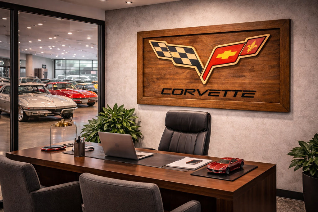 Hand-Carved Corvette Wooden Wall Art – Luxury Garage & Showroom Decor