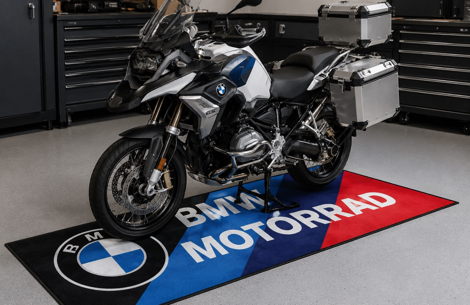 BMW M Premium Motorcycle Garage Floor Mat – Non-Slip Carpet Rug for Bike Display (32×87 Inch)