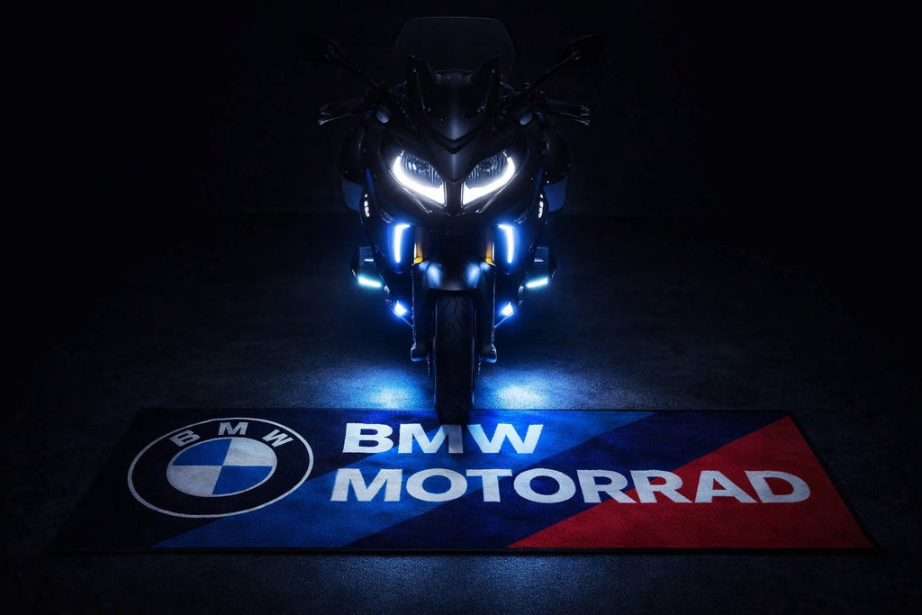 BMW M Premium Motorcycle Garage Floor Mat – Non-Slip Carpet Rug for Bike Display (32×87 Inch)