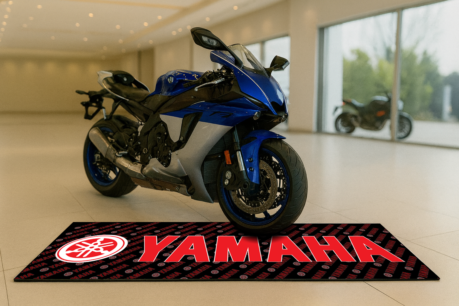 Yamaha Premium Motorcycle Garage Floor Mat – Non-Slip Carpet Rug for Bike Display (32×87 Inch)